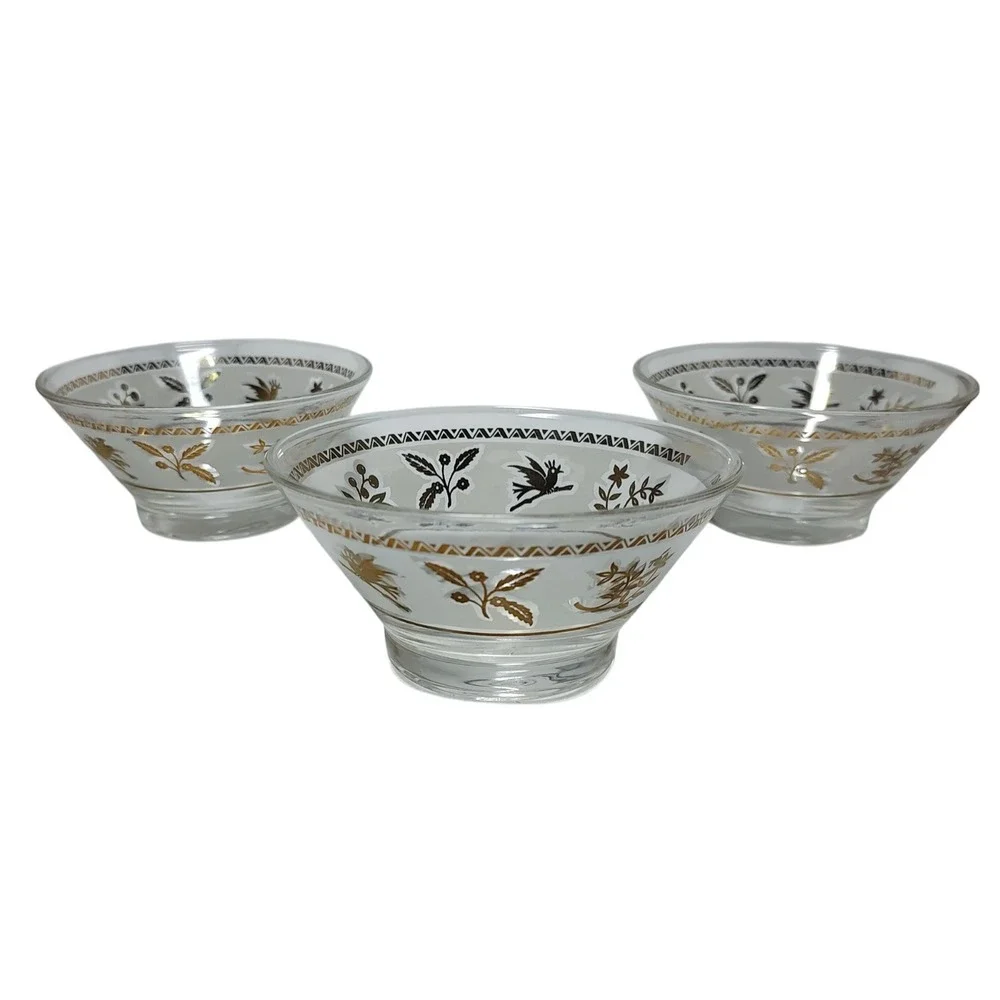 Frosted Gold Birds Berry Berries Leaf Glass Snack Bowl Lot‎ of Three Vintage SEE